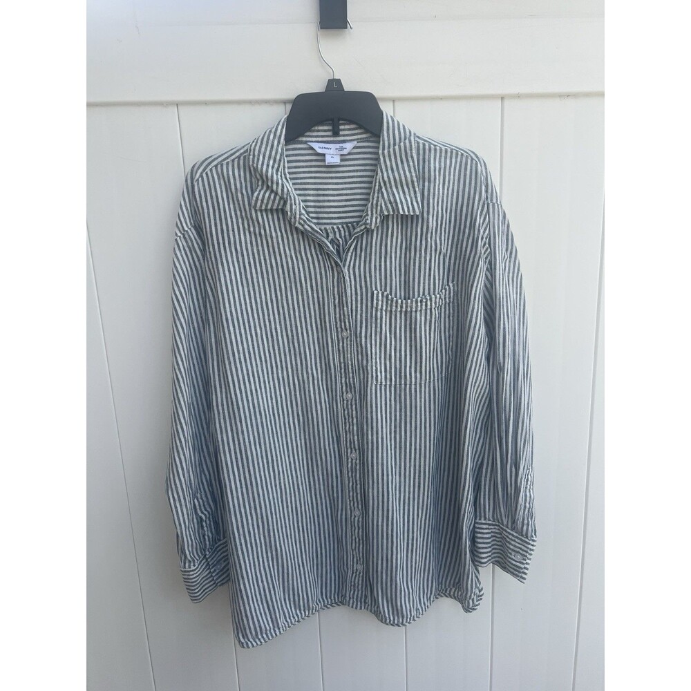 OLD NAVY Shirt Size XL The Boyfriend Shirt Blue White Stripe Womens Linen Blend